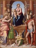 La Madonna in trono col Bambino, i Santi Romualdo, Sebastiano, Bernardino da Siena e l'Arcangelo Raffaeele con Tobiolo