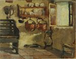 Pio Rossi - Cucina friulana. Angolo con finestra aperta, adornato di vasellame rustico